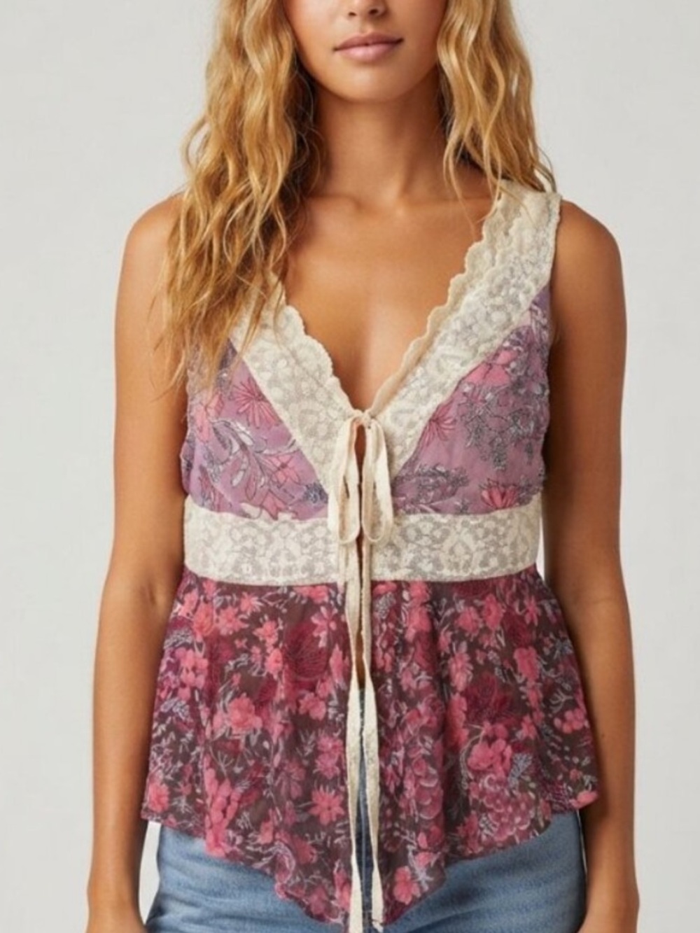 Free People Purple & Pink Floral Lace-Trim Chemise Top Size 10 34831